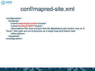 conf/mapred-site.xml
<configuration>
<property>
<name>mapred.job.tracker</name>
<value>localhost:54311</value>
<description>The host and port that the MapReduce job tracker runs at. If
"local", then jobs are run in-process as a single map and reduce task.
</description>
</property>
</configuration>
 