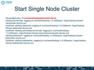 Start Single Node Cluster
hduser@ubuntu:~$ /usr/local/hadoop/bin/start-all.sh
starting namenode, logging to /usr/local/hadoop-1.0.4/libexec/../logs/hadoop-hduser-
namenode-ubuntu.out
localhost: starting datanode, logging to /usr/local/hadoop-1.0.4/libexec/../logs/hadoop-
hduser-datanode-ubuntu.out
localhost: starting secondarynamenode, logging to /usr/local/hadoop-
1.0.4/libexec/../logs/hadoop-hduser-secondarynamenode-ubuntu.out
starting jobtracker, logging to /usr/local/hadoop-1.0.4/libexec/../logs/hadoop-hduser-
jobtracker-ubuntu.out
localhost: starting tasktracker, logging to /usr/local/hadoop-1.0.4/libexec/../logs/hadoop-
hduser-tasktracker-ubuntu.out
 