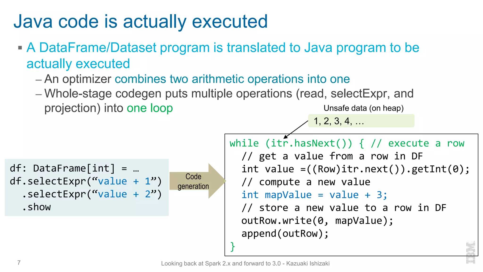 Java code is actually executed
▪ A DataFrame/Dataset program is translated to Java program to be
actually executed
– An optimizer combines two arithmetic operations into one
– Whole-stage codegen puts multiple operations (read, selectExpr, and
projection) into one loop
7
while (itr.hasNext()) { // execute a row
// get a value from a row in DF
int value =((Row)itr.next()).getInt(0);
// compute a new value
int mapValue = value + 3;
// store a new value to a row in DF
outRow.write(0, mapValue);
append(outRow);
}
df: DataFrame[int] = …
df.selectExpr(“value + 1”)
.selectExpr(“value + 2”)
.show
Code
generation
Looking back at Spark 2.x and forward to 3.0 - Kazuaki Ishizaki
1, 2, 3, 4, …
Unsafe data (on heap)
 
