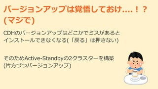 バージョンアップは覚悟しておけ....！？
(マジで)
CDHのバージョンアップはどこかでミスがあると
インストールできなくなる(「戻る」は押さない)
そのためActive-Standbyの2クラスターを構築
(片方づつバージョンアップ)
 
