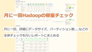 月に一回Hadoopの容量チェック
月に一回、詳細にデータサイズ、パーティション数....などの
全体チェックを行いレポートにまとめる
 