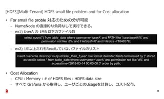 36
[HDFS][Multi-Tenant] HDFS small file problem and for Cost allocation
• For small file proble 対応のための分析可能
• NameNode の直接的...