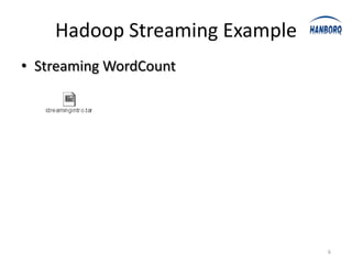 Hadoop Streaming Example
• Streaming WordCount




                               6
 