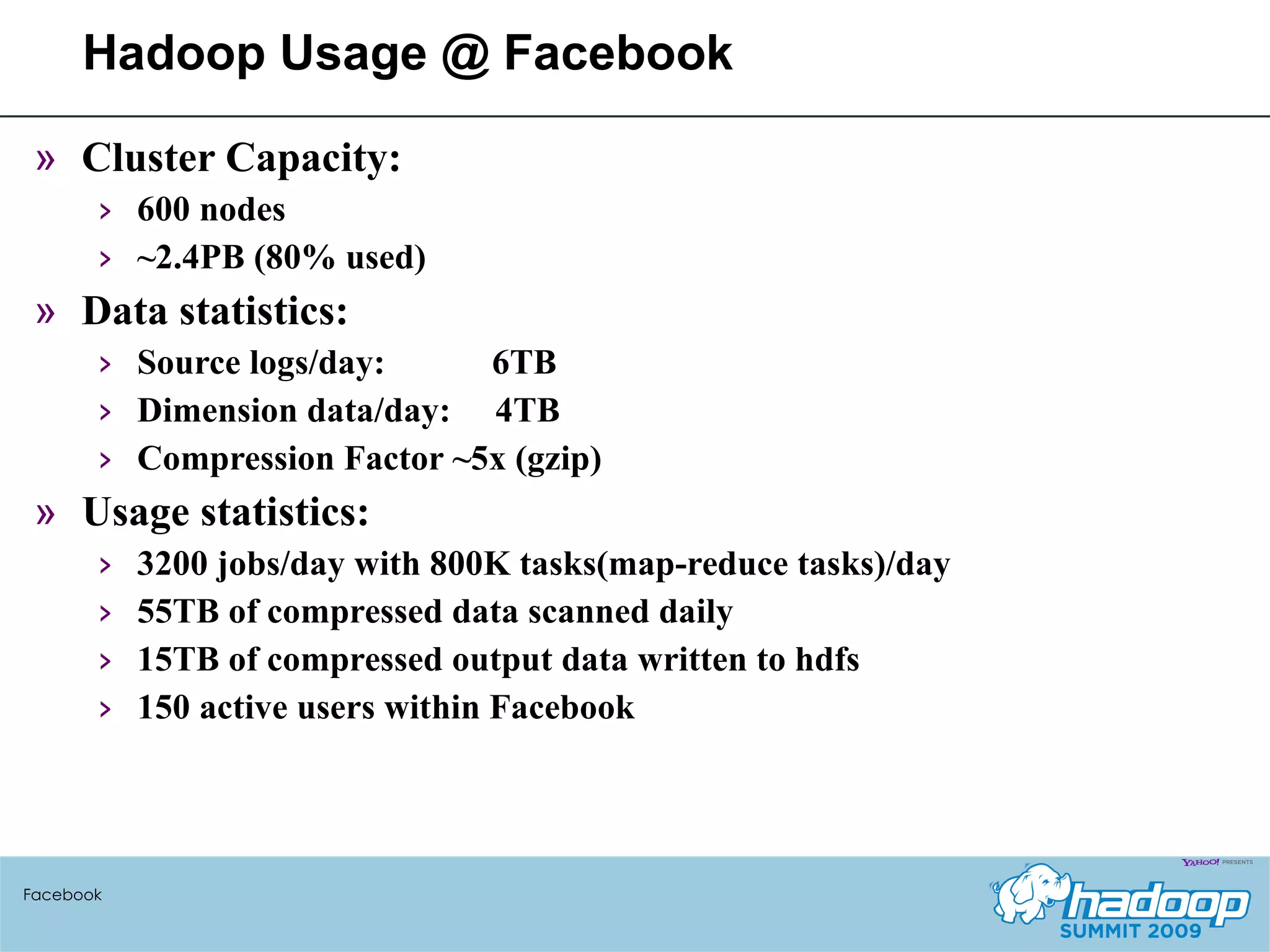 Hadoop Usage @ Facebook Cluster Capacity: 600 nodes ~2.4PB (80% used) Data statistics: Source logs/day:  6TB Dimension data/day:  4TB Compression Factor ~5x (gzip) Usage statistics: 3200 jobs/day with 800K tasks(map-reduce tasks)/day 55TB of compressed data scanned daily 15TB of compressed output data written to hdfs 150 active users within Facebook Facebook 