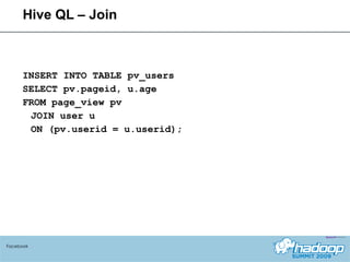 Hive QL – Join INSERT INTO TABLE pv_users SELECT pv.pageid, u.age FROM page_view pv JOIN user u ON (pv.userid = u.userid); Facebook 