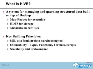 What is HIVE? A system for managing and querying structured data built on top of Hadoop Map-Reduce for execution HDFS for storage Metadata on raw files Key Building Principles: SQL as a familiar data warehousing tool Extensibility – Types, Functions, Formats, Scripts Scalability and Performance Facebook 