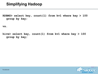 Simplifying Hadoop RDBMS> select key, count(1) from kv1 where key > 100 group by key; vs. hive> select key, count(1) from kv1 where key > 100 group by key; Facebook 