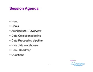 Session Agenda


§  Honu
§  Goals
§  Architecture – Overview
§  Data Collection pipeline
§  Data Processing pipeline
...
