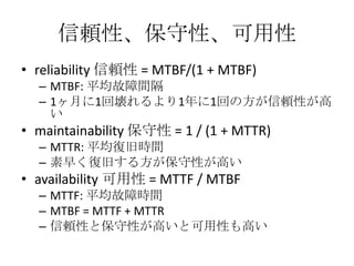 mԡԡ
? reliability m = MTBF/(1 + MTBF)
  C MTBF: ƽg
  C 1¤1؉11ؤηmԤ
    
? maintainability  = 1 / (1 + MTTR)
  C MTTR: ƽ;ɕrg
  C 礯;ɤ뷽Ԥߤ
? availability  = MTTF / MTBF
  C MTTF: ƽϕrg
  C MTBF = MTTF + MTTR
  C mԤȱԤߤȿԤߤ
 