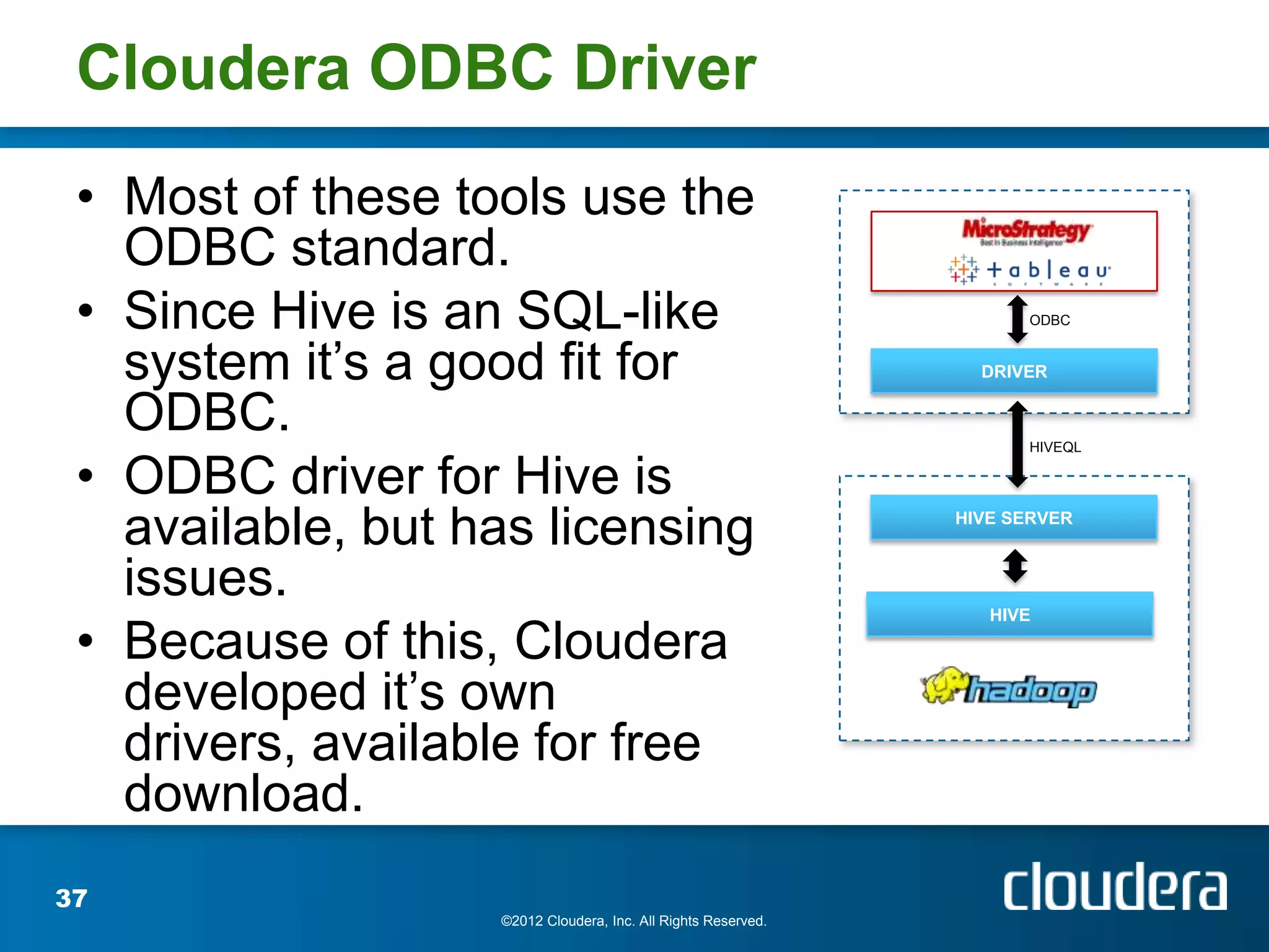 Cloudera ODBC Driver
 • Most of these tools use the
   ODBC standard.
 • Since Hive is an SQL-like                                         ODBC


   system it’s a good fit for                                    DRIVER

   ODBC.                                                             HIVEQL

 • ODBC driver for Hive is
   available, but has licensing                                HIVE SERVER



   issues.                                                        HIVE

 • Because of this, Cloudera
   developed it’s own
   drivers, available for free
   download.
37
                   ©2012 Cloudera, Inc. All Rights Reserved.
 