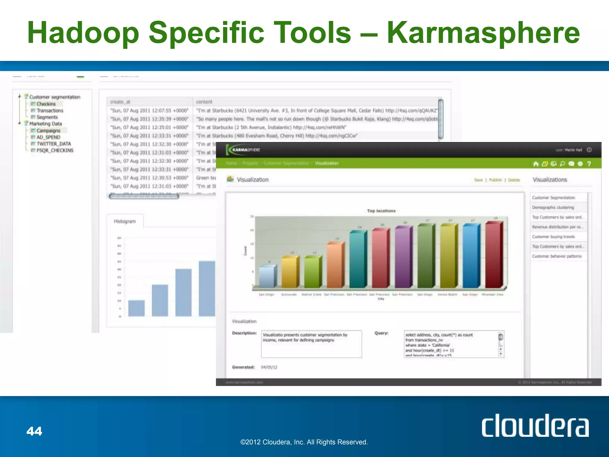 Hadoop Specific Tools – Karmasphere




44
             ©2012 Cloudera, Inc. All Rights Reserved.
 