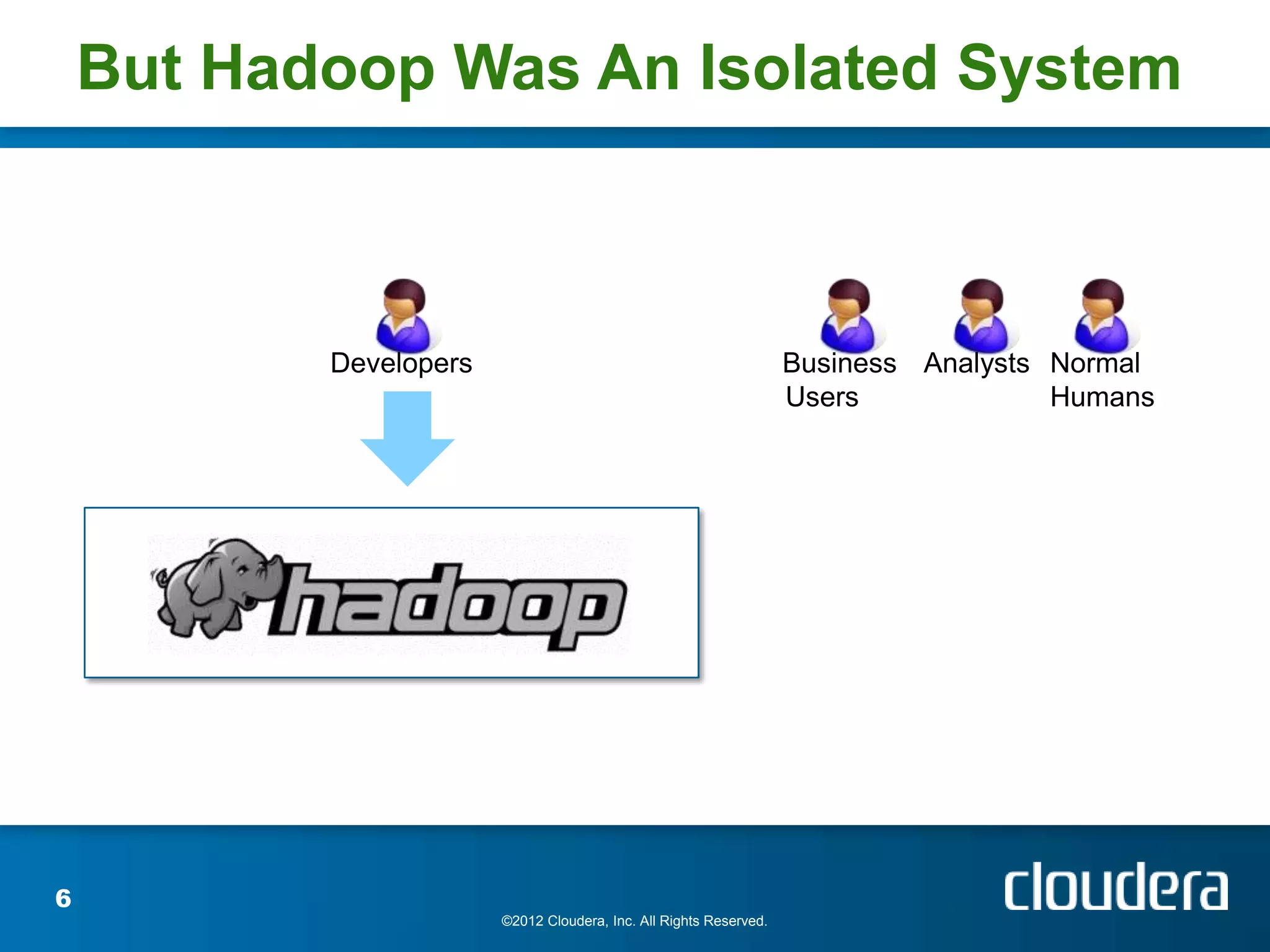 But Hadoop Was An Isolated System



           Developers                                               Business Analysts Normal
                                                                    Users             Humans




6
                        ©2012 Cloudera, Inc. All Rights Reserved.
 