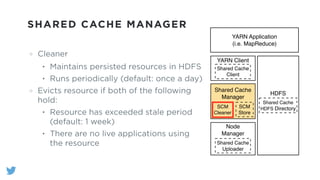 SHARED CACHE MANAGER
Cleaner
• Maintains persisted resources in HDFS
• Runs periodically (default: once a day)
Evicts resource if both of the following
hold:
• Resource has exceeded stale period
(default: 1 week)
• There are no live applications using
the resource
YARN Application!
(i.e. MapReduce)
YARN Client
Shared Cache
Client
HDFS
Shared Cache
HDFS Directory
Shared Cache
Manager
SCM
Cleaner
SCM
Store
Node
Manager
Shared Cache
Uploader
 