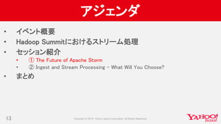 アジェンダ
• イベント概要
• Hadoop Summitにおけるストリーム処理
• セッション紹介
• ① The Future of Apache Storm
• ② Ingest and Stream Processing - What Will You Choose?
• まとめ
13
 
