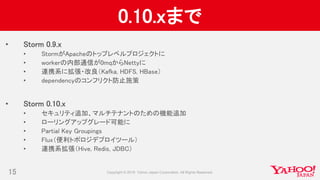 0.10.xまで
• Storm 0.9.x
• StormがApacheのトップレベルプロジェクトに
• workerの内部通信が0mqからNettyに
• 連携系に拡張・改良（Kafka, HDFS, HBase）
• dependencyのコンフリクト防止施策
• Storm 0.10.x
• セキュリティ追加、マルチテナントのための機能追加
• ローリングアップグレード可能に
• Partial Key Groupings
• Flux（便利トポロジデプロイツール）
• 連携系拡張（Hive, Redis, JDBC）
15
 