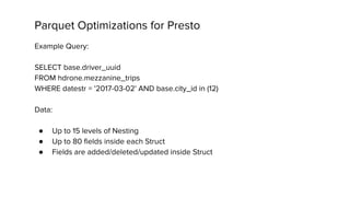 Parquet Optimizations for Presto
Example Query:
SELECT base.driver_uuid
FROM hdrone.mezzanine_trips
WHERE datestr = '2017-03-02' AND base.city_id in (12)
Data:
● Up to 15 levels of Nesting
● Up to 80 fields inside each Struct
● Fields are added/deleted/updated inside Struct
 