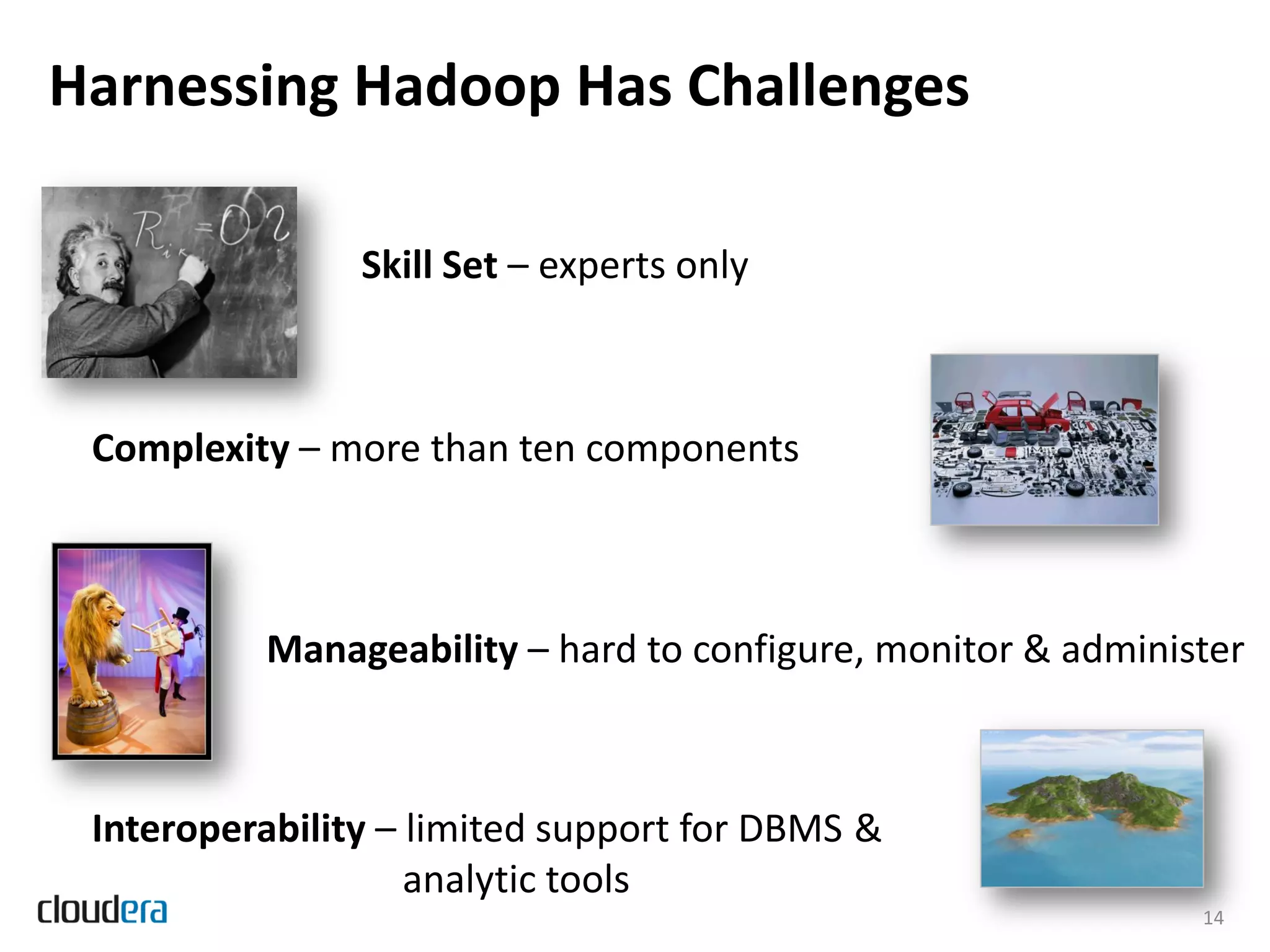 Harnessing Hadoop Has Challenges

                Skill Set – experts only



 Complexity – more than ten components



          Manageability – hard to configure, monitor & administer



 Interoperability – limited support for DBMS &
                    analytic tools
                                                              14
 