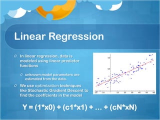 Linear Regression
 In linear regression, data is
 modeled using linear predictor
 functions

   unknown model parameters are
   estimated from the data.
 We use optimization techniques
 like Stochastic Gradient Descent to
 find the coeffcients in the model


  Y = (1*x0) + (c1*x1) + … + (cN*xN)
 