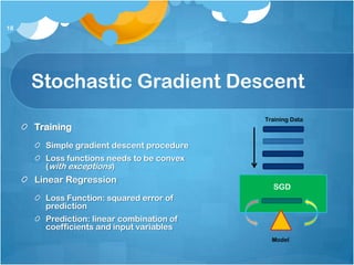 18




     Stochastic Gradient Descent
                                           Training Data
     Training
       Simple gradient descent procedure
       Loss functions needs to be convex
       (with exceptions)
     Linear Regression
                                             SGD
       Loss Function: squared error of
       prediction
       Prediction: linear combination of
       coefficients and input variables
                                             Model
 