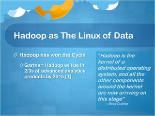Hadoop as The Linux of Data

 Hadoop has won the Cycle      “Hadoop is the
                               kernel of a
  Gartner: Hadoop will be in
                               distributed operating
  2/3s of advanced analytics
  products by 2015 [1]         system, and all the
                               other components
                               around the kernel
                               are now arriving on
                               this stage”
                                  ---Doug Cutting
 
