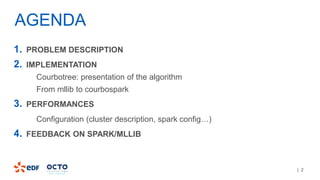 | 2
AGENDA
1. PROBLEM DESCRIPTION
2. IMPLEMENTATION
• Courbotree: presentation of the algorithm
• From mllib to courbospark
3. PERFORMANCES
• Configuration (cluster description, spark config…)
4. FEEDBACK ON SPARK/MLLIB
 