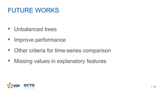 | 34
FUTURE WORKS
• Unbalanced trees
• Improve performance
• Other criteria for time-series comparison
• Missing values in explanatory features
 