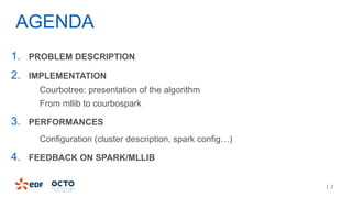 | 2
AGENDA
1. PROBLEM DESCRIPTION
2. IMPLEMENTATION
• Courbotree: presentation of the algorithm
• From mllib to courbospark
3. PERFORMANCES
• Configuration (cluster description, spark config…)
4. FEEDBACK ON SPARK/MLLIB
 