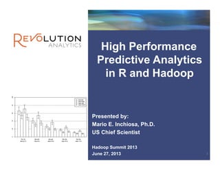High Performance
Predictive Analytics
in R and Hadoop
Presented by:
Mario E. Inchiosa, Ph.D.
US Chief Scientist
Hadoop Summit 2013
June 27, 2013 1
 