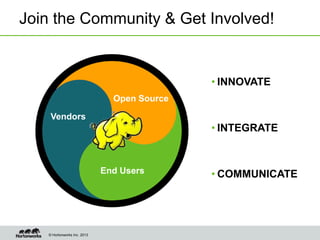 Join the Community & Get Involved!


                                             • INNOVATE
                               Open Source

    Vendors
                                             • INTEGRATE


                             End Users       • COMMUNICATE




   © Hortonworks Inc. 2013
 