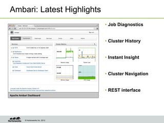 Ambari: Latest Highlights
                                     • Job Diagnostics


                                     • Cluster History


                                     • Instant Insight


                                     • Cluster Navigation


                                     • REST interface
Apache Ambari Dashboard




           © Hortonworks Inc. 2013
 