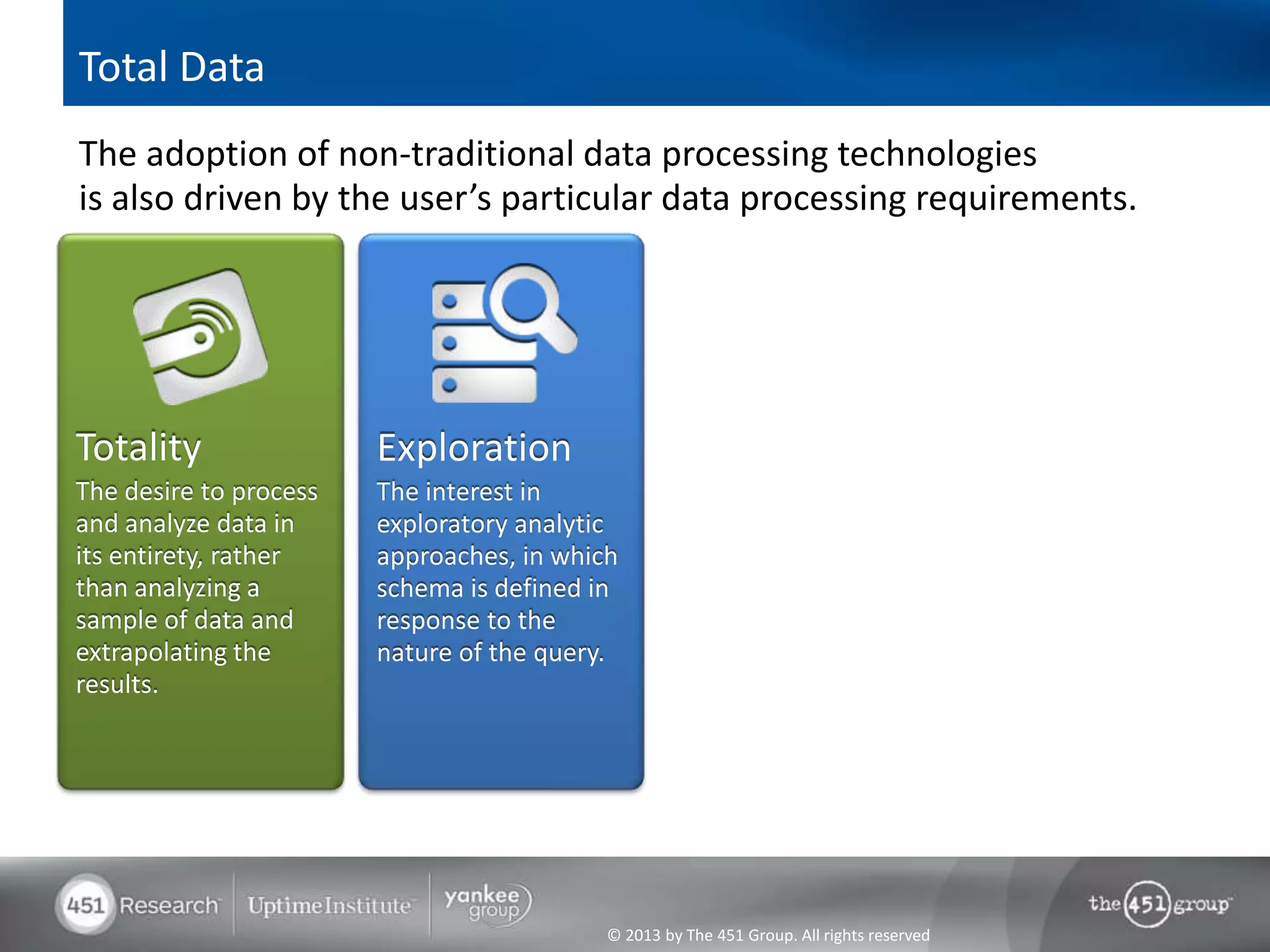 Total Data
The adoption of non-traditional data processing technologies
is also driven by the user’s particular data processing requirements.




Totality                Exploration
The desire to process   The interest in
and analyze data in     exploratory analytic
its entirety, rather    approaches, in which
than analyzing a        schema is defined in
sample of data and      response to the
extrapolating the       nature of the query.
results.




                                           © 2013 by The 451 Group. All rights reserved
 