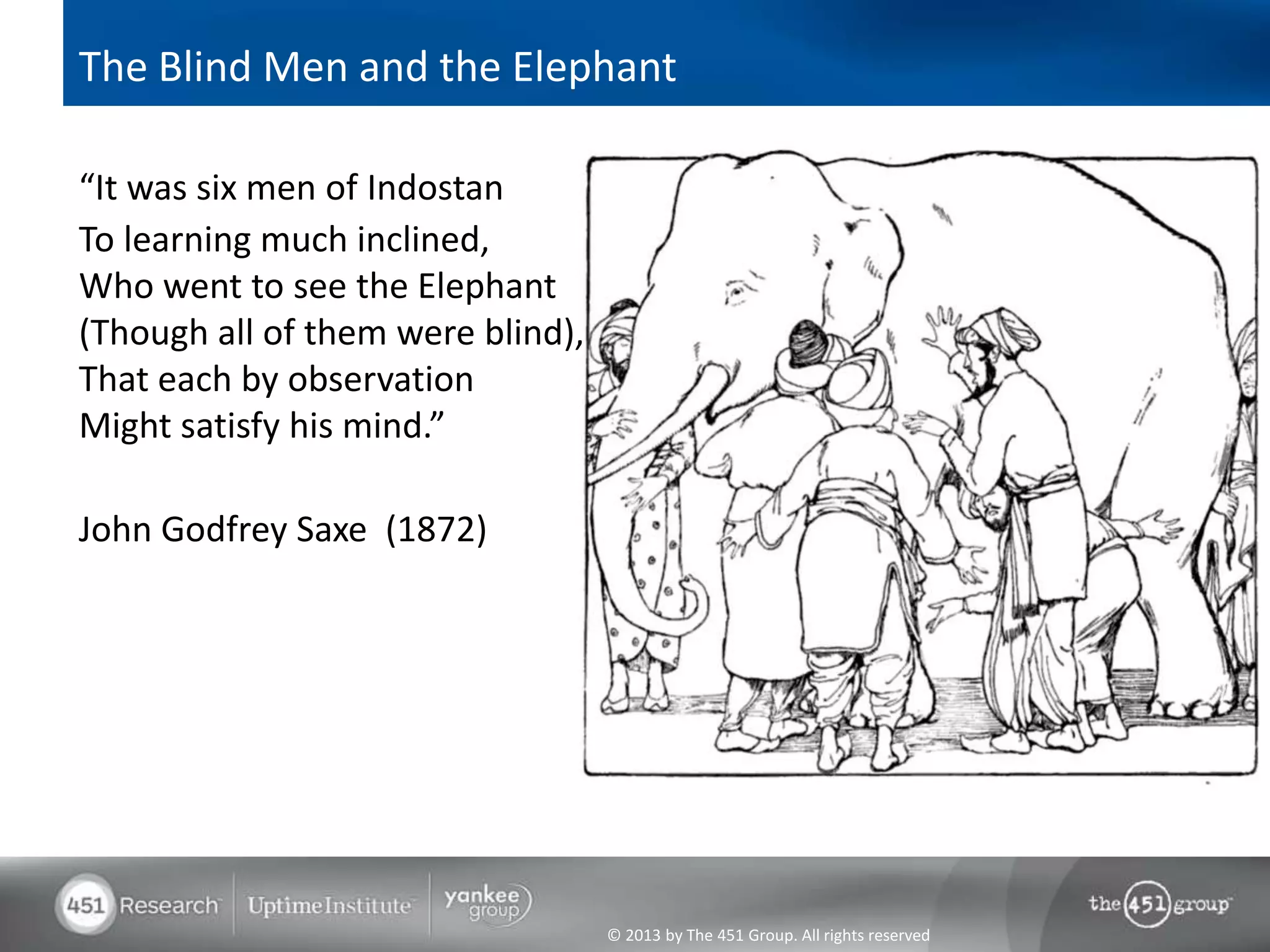 The Blind Men and the Elephant

“It was six men of Indostan
To learning much inclined,
Who went to see the Elephant
(Though all of them were blind),
That each by observation
Might satisfy his mind.”

John Godfrey Saxe (1872)




                                   © 2013 by The 451 Group. All rights reserved
 