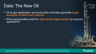 16© Copyright 2015 Pivotal. All rights reserved.
Data: The New Oil
Drilling into the San
Andreas Fault at Parkfield
California.
Credit: Stephen H.
Hickman, USGS
Ÿ  Oil & gas exploration and production activities generate large
amounts of data from sensors
Ÿ  What opportunities exist for data-driven approaches to improve
operations?
*http://blog.pivotal.io/pivotal/case-studies-2/data-as-the-new-oil-producing-value-for-the-oil-gas-industry
 
