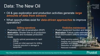 19© Copyright 2015 Pivotal. All rights reserved.
Data: The New Oil
Drilling into the San
Andreas Fault at Parkfield
California.
Credit: Stephen H.
Hickman, USGS
Ÿ  Oil & gas exploration and production activities generate large
amounts of data from sensors
Ÿ  What opportunities exist for data-driven approaches to improve
operations?
Drilling operations
•  Predicting drill rate-of-penetration (ROP)
•  Motivation: Shorter time to oil production
lowers costs and increases production
•  Goals
–  Identify optimal parameters for rapid
drilling
–  Create an initial approach for drilling
–  Potential reduction in damage to
equipment
Predictive maintenance
•  Predict equipment function and failure
•  Motivation: Failure costs estimated at
$150,000/incident (billions annually)*
•  Goals
–  Early warning system
–  Insights into prominent features impacting
operation and failure
–  Reduction of non-productive drill time
–  Reduced incidents
*http://blog.pivotal.io/pivotal/case-studies-2/data-as-the-new-oil-producing-value-for-the-oil-gas-industry
 