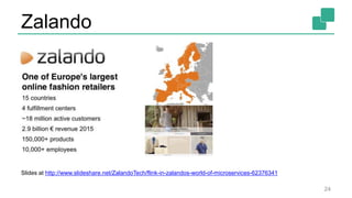 Zalando
24
Slides at http://www.slideshare.net/ZalandoTech/flink-in-zalandos-world-of-microservices-62376341
 