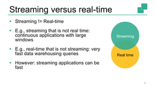 Streaming versus real-time
 Streaming != Real-time
 E.g., streaming that is not real time:
continuous applications with large
windows
 E.g., real-time that is not streaming: very
fast data warehousing queries
 However: streaming applications can be
fast
5
Streaming
Real time
 