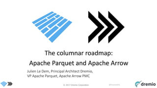 © 2017 Dremio Corporation @DremioHQ
The columnar roadmap:
Apache Parquet and Apache Arrow
Julien Le Dem, Principal Architect Dremio,
VP Apache Parquet, Apache Arrow PMC
 