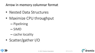 © 2017 Dremio Corporation @DremioHQ
Arrow in memory columnar format
• Nested Data Structures
• Maximize CPU throughput
– Pipelining
– SIMD
– cache locality
• Scatter/gather I/O
 