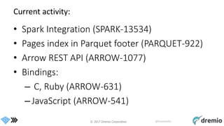 © 2017 Dremio Corporation @DremioHQ
Current activity:
• Spark Integration (SPARK-13534)
• Pages index in Parquet footer (PARQUET-922)
• Arrow REST API (ARROW-1077)
• Bindings:
– C, Ruby (ARROW-631)
–JavaScript (ARROW-541)
 