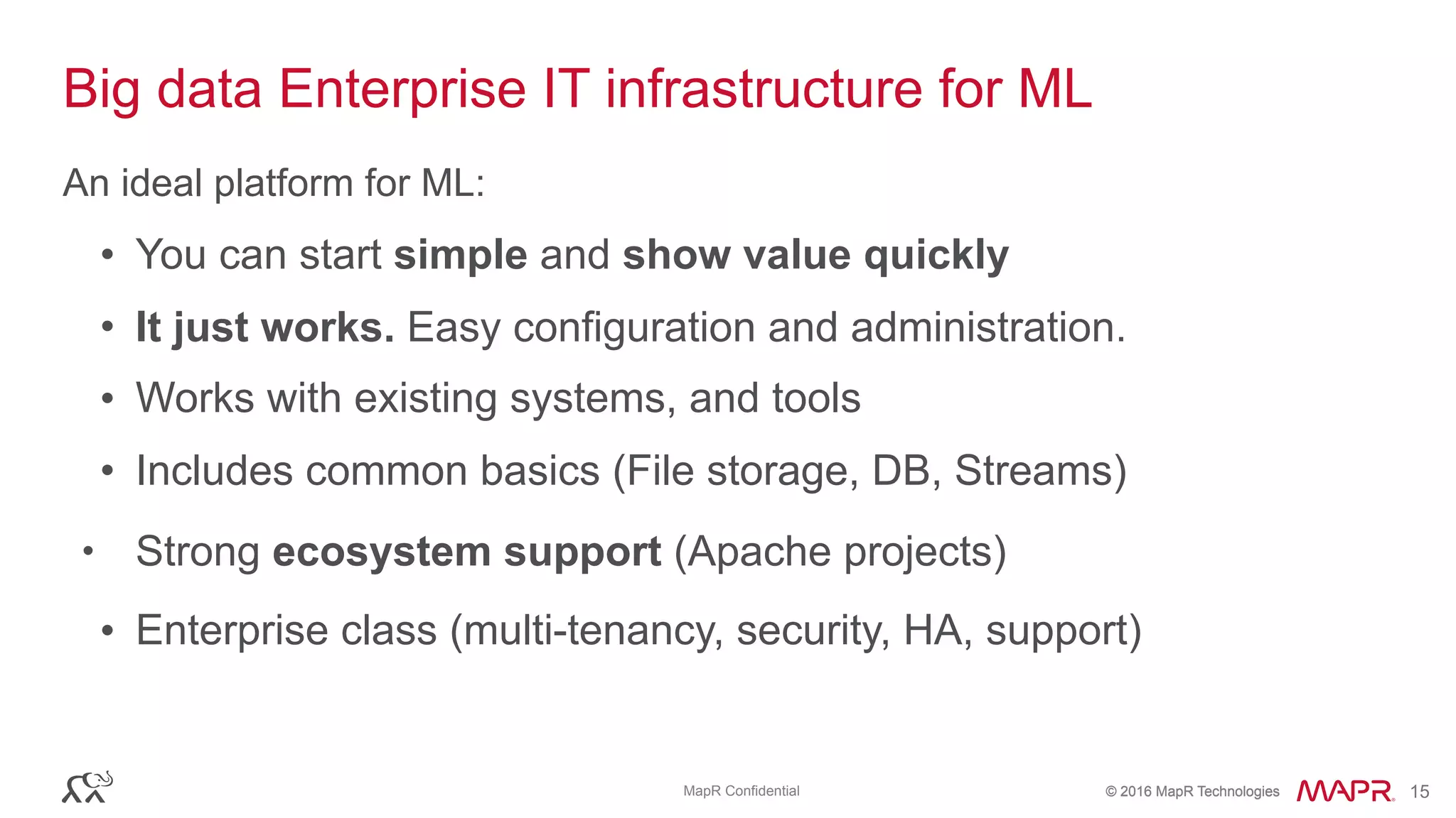 © 2016 MapR Technologies© 2016 MapR TechnologiesMapR Confidential 15
Big data Enterprise IT infrastructure for ML
• You can start simple and show value quickly
• It just works. Easy configuration and administration.
• Works with existing systems, and tools
• Includes common basics (File storage, DB, Streams)
• Strong ecosystem support (Apache projects)
• Enterprise class (multi-tenancy, security, HA, support)
An ideal platform for ML:
 