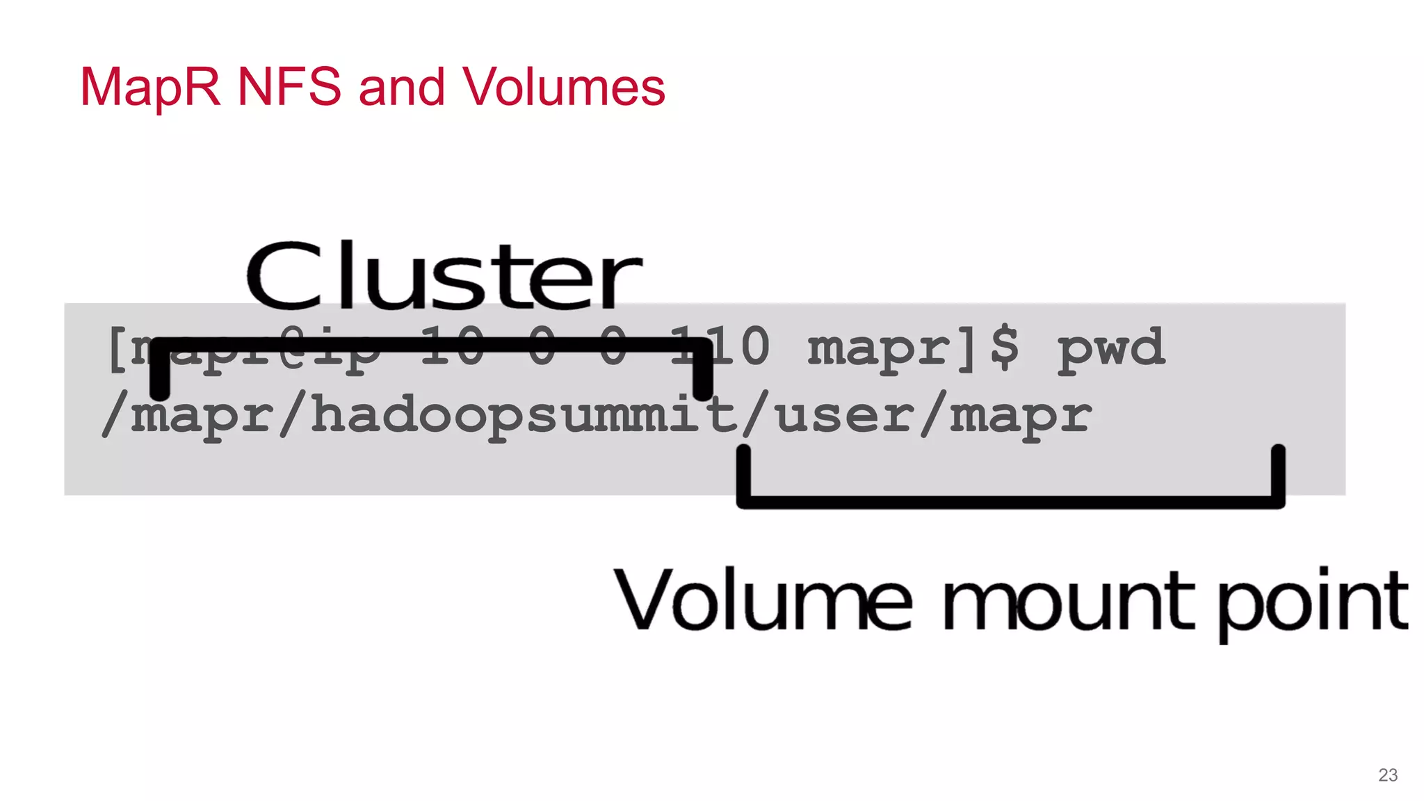 © 2014 MapR Technologies 23
MapR NFS and Volumes
[mapr@ip-10-0-0-110 mapr]$ pwd
/mapr/hadoopsummit/user/mapr
 