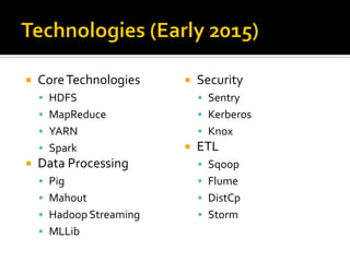  CoreTechnologies
 HDFS
 MapReduce
 YARN
 Spark
 Data Processing
 Pig
 Mahout
 Hadoop Streaming
 MLLib
 Security
 Sentry
 Kerberos
 Knox
 ETL
 Sqoop
 Flume
 DistCp
 Storm
 