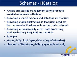 Schemas - HCatalog

TURKCELL DAHİLİ

• A table and storage management service for data
created using Apache Hadoop
• Providing a shared schema and data type mechanism.
• Providing a table abstraction so that users need not
be concerned with where or how their data is stored.
• Providing interoperability across data processing
tools such as Pig, Map Reduce, and Hive.
• Example
• stocks_daily= load ‘nyse_daily' using HCatLoader();
• cleansed = filter stocks_daily by symbol is not null;

 