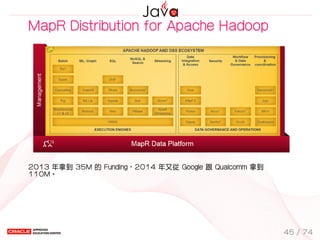 MapR Distribution for Apache Hadoop
2013 年拿到 35M 的 Funding，2014 年又從 Google 跟 Qualcomm 拿到
110M。
45 / 74
 