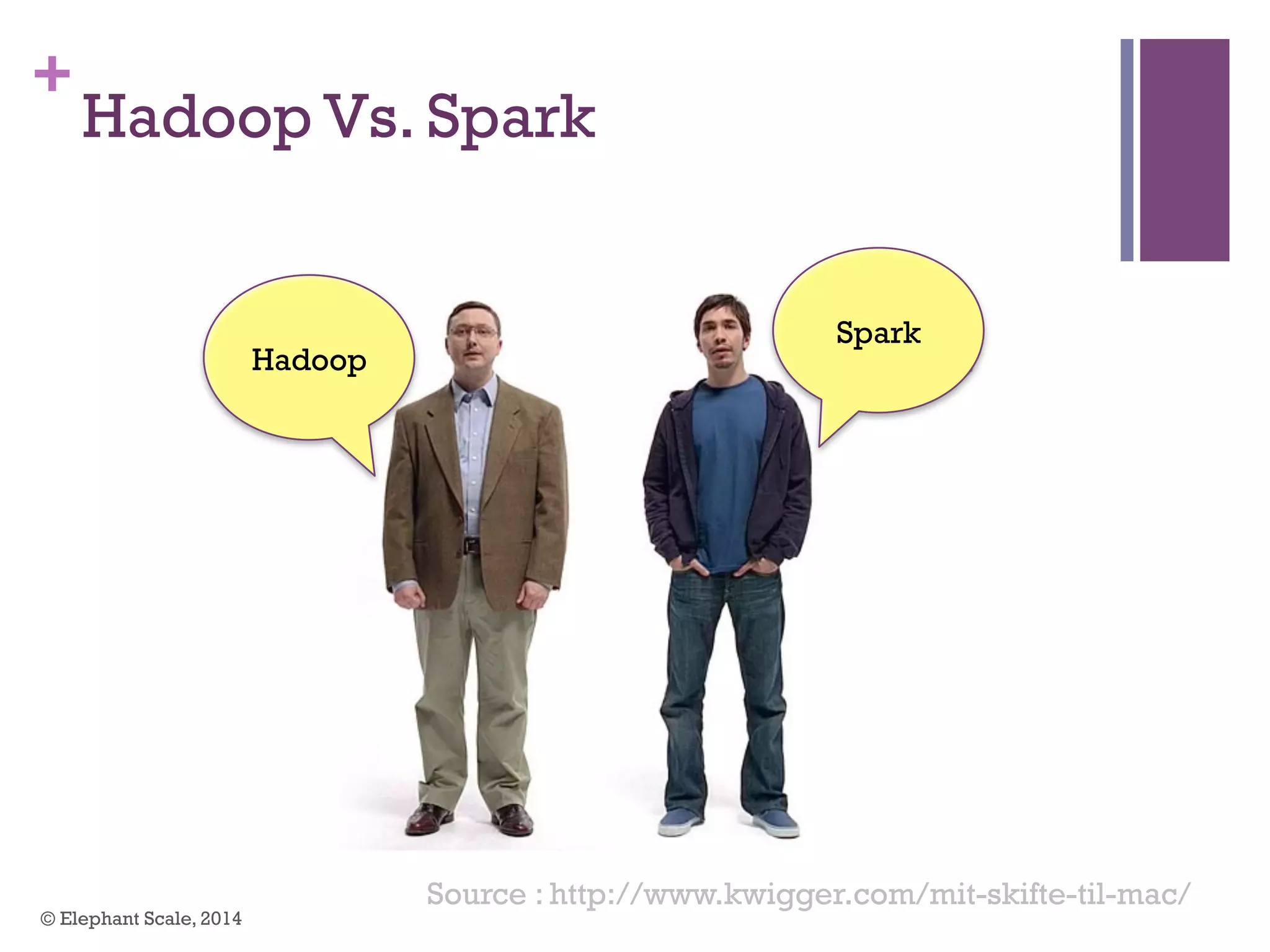 +
Hadoop Vs. Spark
© Elephant Scale, 2014
Hadoop
Spark
Source : http://www.kwigger.com/mit-skifte-til-mac/
 