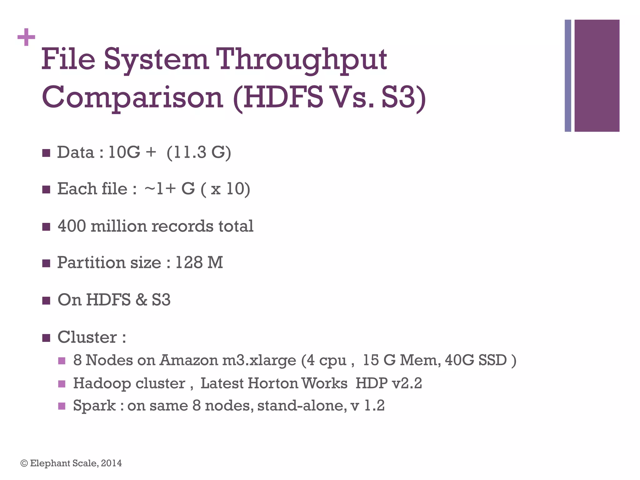 +
File System Throughput
Comparison (HDFS Vs. S3)
n  Data : 10G + (11.3 G)
n  Each file : ~1+ G ( x 10)
n  400 million records total
n  Partition size : 128 M
n  On HDFS & S3
n  Cluster :
n  8 Nodes on Amazon m3.xlarge (4 cpu , 15 G Mem, 40G SSD )
n  Hadoop cluster , Latest Horton Works HDP v2.2
n  Spark : on same 8 nodes, stand-alone, v 1.2
© Elephant Scale, 2014
 