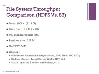 +
File System Throughput
Comparison (HDFS Vs. S3)
n  Data : 10G + (11.3 G)
n  Each file : ~1+ G ( x 10)
n  400 million records total
n  Partition size : 128 M
n  On HDFS & S3
n  Cluster :
n  8 Nodes on Amazon m3.xlarge (4 cpu , 15 G Mem, 40G SSD )
n  Hadoop cluster , Latest Horton Works HDP v2.2
n  Spark : on same 8 nodes, stand-alone, v 1.2
© Elephant Scale, 2014
 