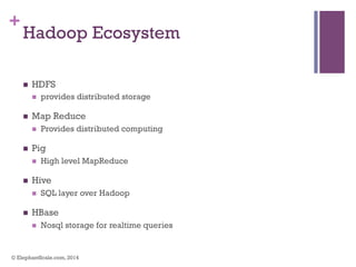 +
Hadoop Ecosystem
n  HDFS
n  provides distributed storage
n  Map Reduce
n  Provides distributed computing
n  Pig
n  High level MapReduce
n  Hive
n  SQL layer over Hadoop
n  HBase
n  Nosql storage for realtime queries
© ElephantScale.com, 2014
 