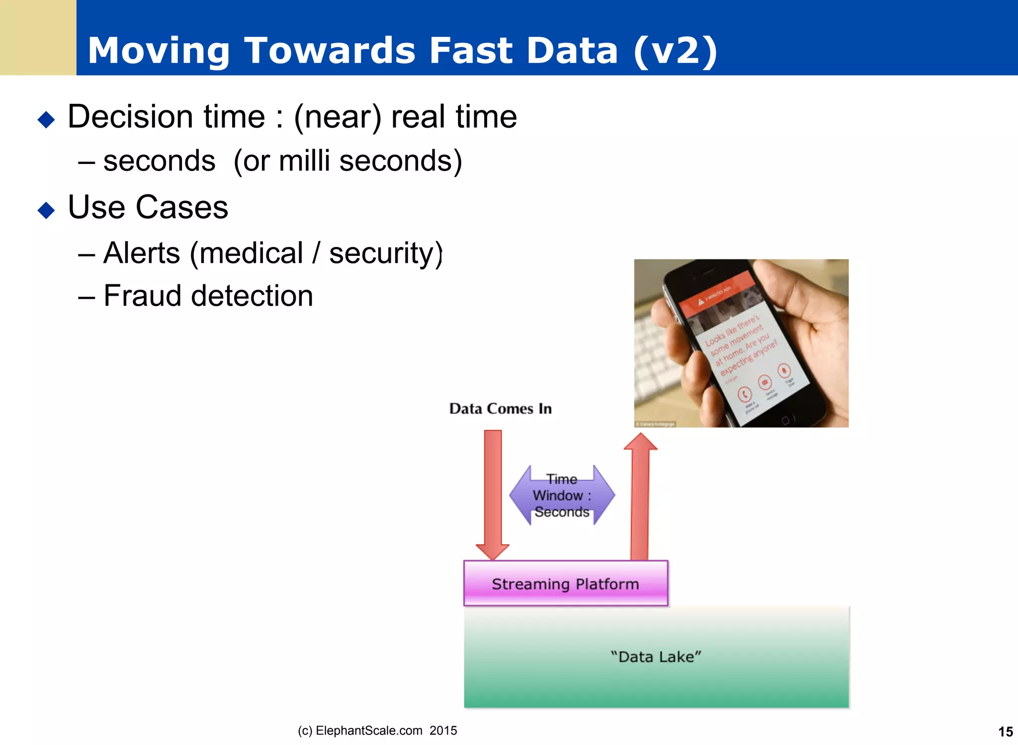 Moving Towards Fast Data (v2)
u  Decision time : (near) real time
– seconds (or milli seconds)
u  Use Cases
– Alerts (medical / security)
– Fraud detection
(c) ElephantScale.com 2015 15
 