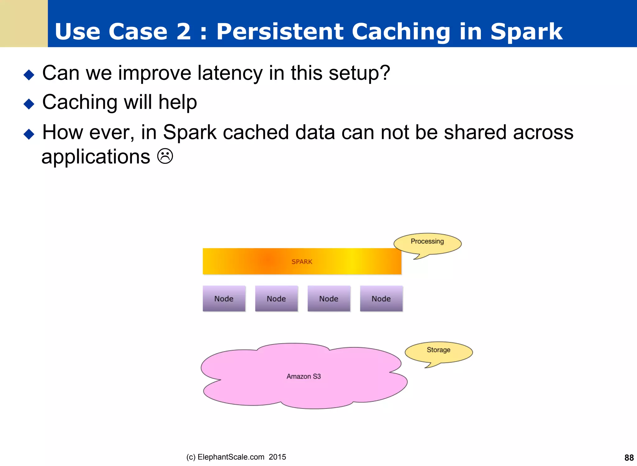 Use Case 2 : Persistent Caching in Spark
u  Can we improve latency in this setup?
u  Caching will help
u  How ever, in Spark cached data can not be shared across
applications L
(c) ElephantScale.com 2015 88
 